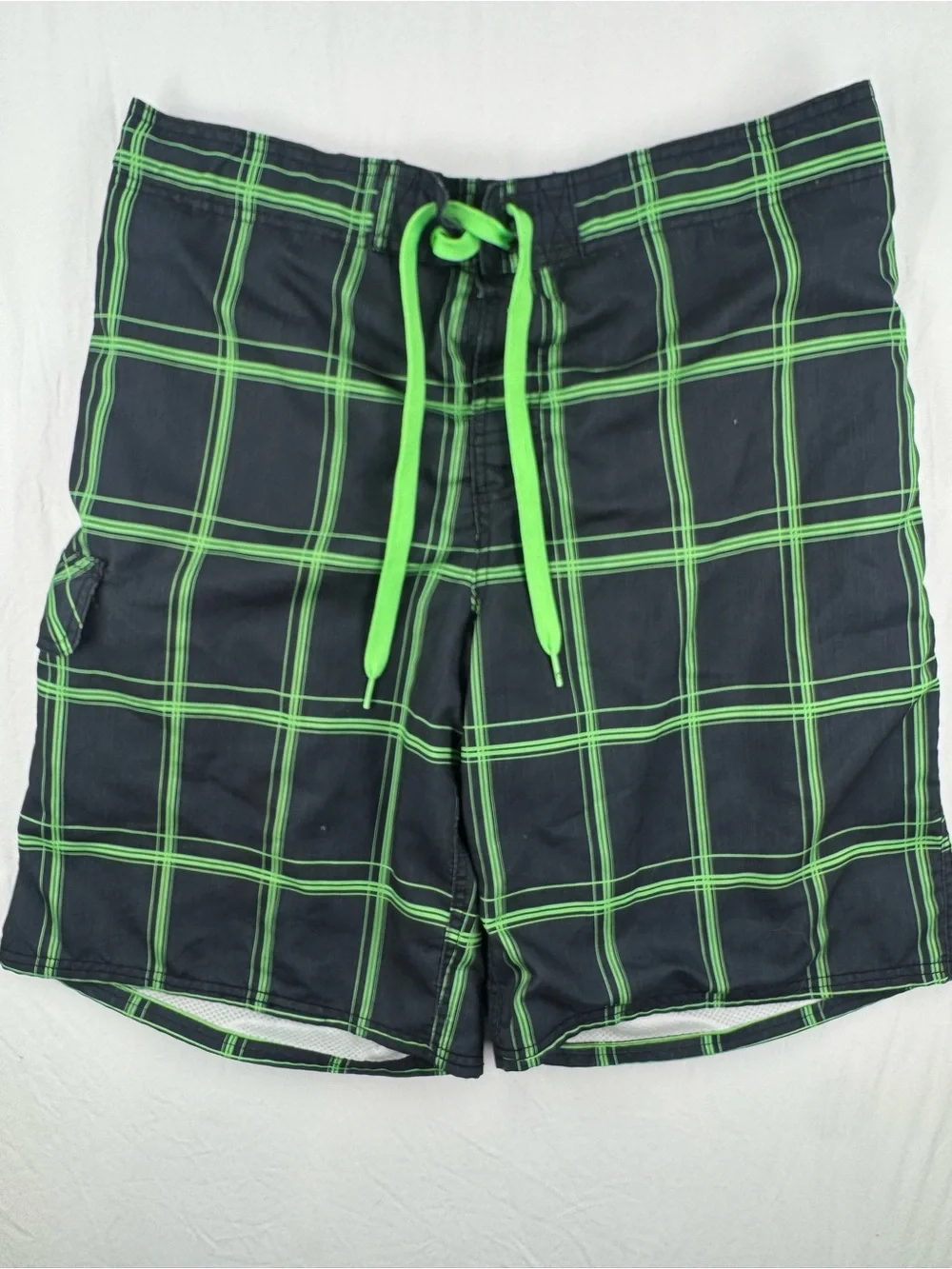 OP Men’s Black Swim Trunks with Neon Green Plaid